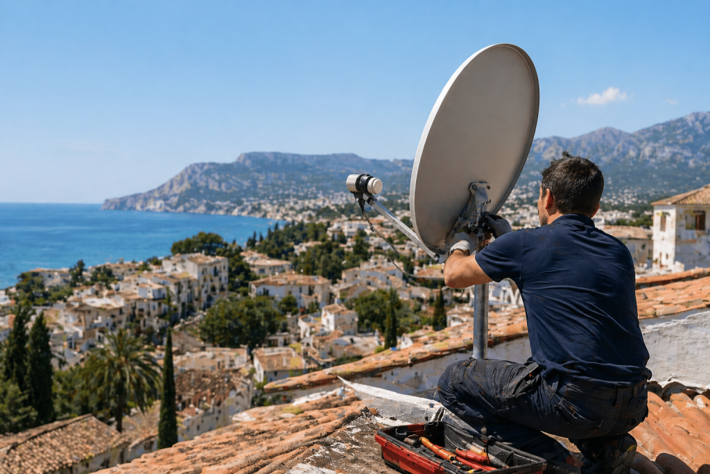 Engineer from Skyline TV, your satellite specialist in Benissa, aligning a dish